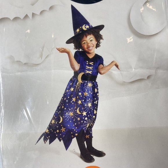 Kids Navy Moonlight Witch Halloween Costume with Hat Small 4-6 Wizard Dress Up - Picture 6 of 8